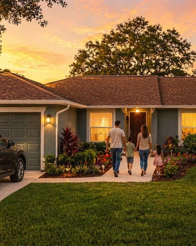 Single-story home with gray exterior, two-car garage, and family walking toward entrance at sunset