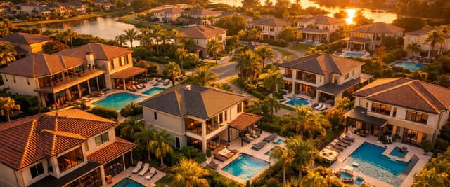 Aerial view of luxury waterfront homes with pools at sunset, city skyline and rivers in background